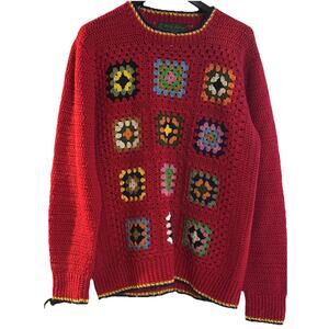 Vintage Yumma Yansey Ireland 100% Wool Handknit Granny Square Sweater, Size 46